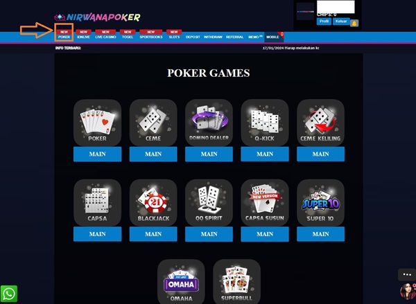 list menu game idn poker